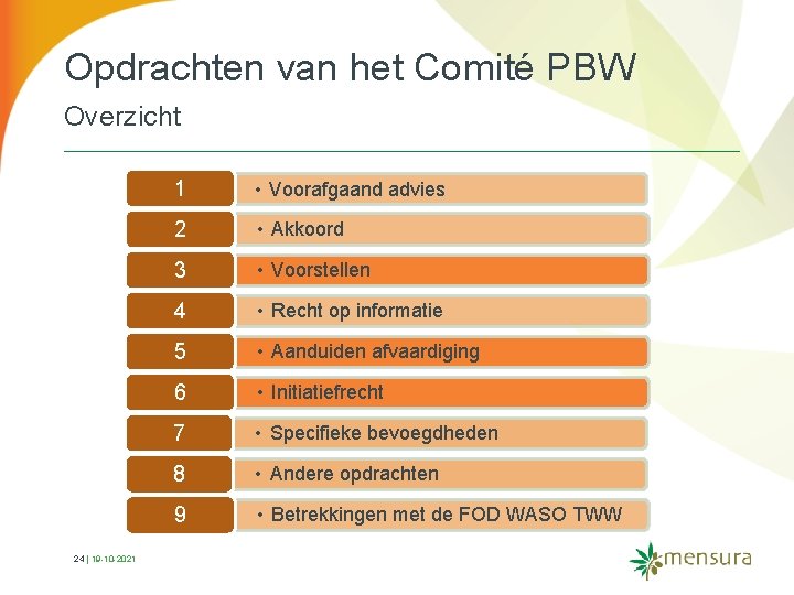 Opdrachten van het Comité PBW Overzicht 24 | 19 10 2021 1 • Voorafgaand