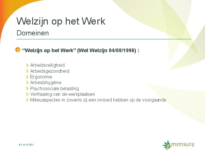 Welzijn op het Werk Domeinen “Welzijn op het Werk” (Wet Welzijn 04/08/1996) : Arbeidsveiligheid