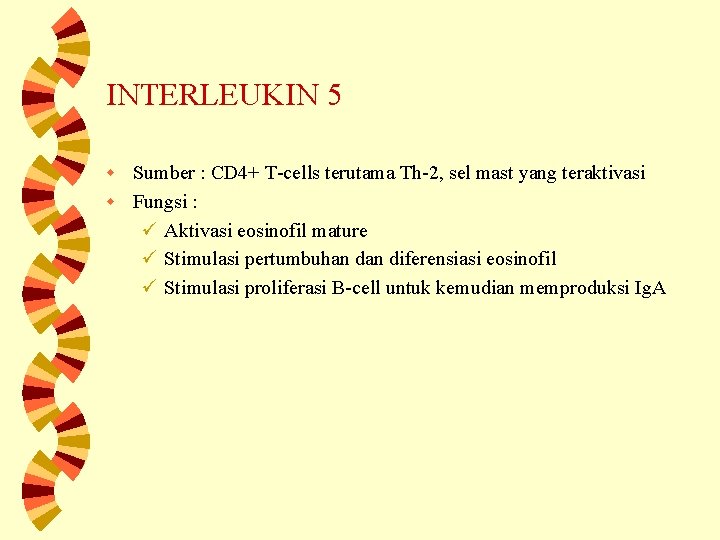 INTERLEUKIN 5 Sumber : CD 4+ T-cells terutama Th-2, sel mast yang teraktivasi w