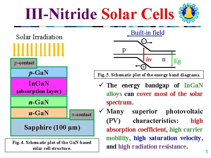 III-Nitride Solar Cells Built-in field – Solar Irradiation p hν p-contact + p-Ga. N