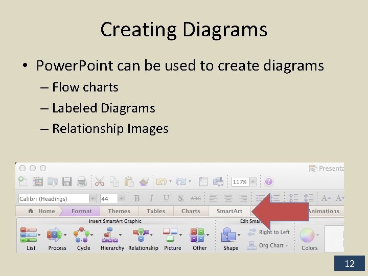 Creating Diagrams • Power. Point can be used to create diagrams – Flow charts
