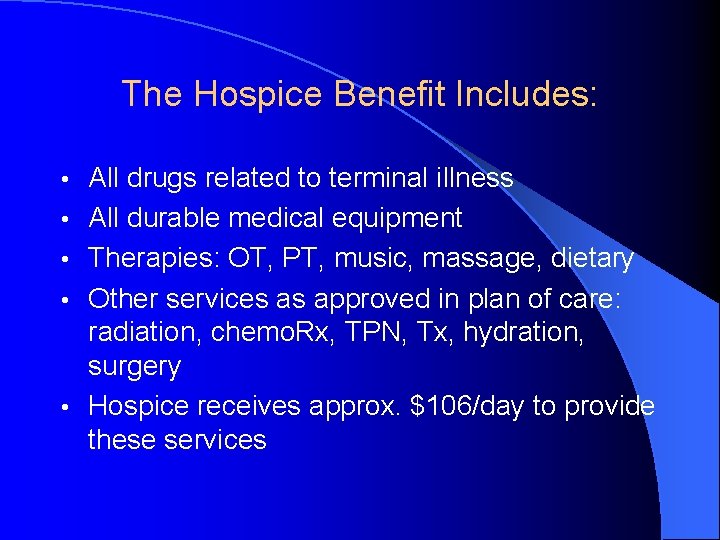 The Hospice Benefit Includes: • • • All drugs related to terminal illness All