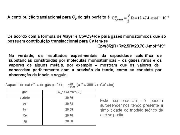 A contribuição translacional para CV do gás perfeito é De acordo com a fórmula