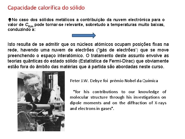 Capacidade calorífica do sólido No caso dos sólidos metálicos a contribuição da nuvem electrónica