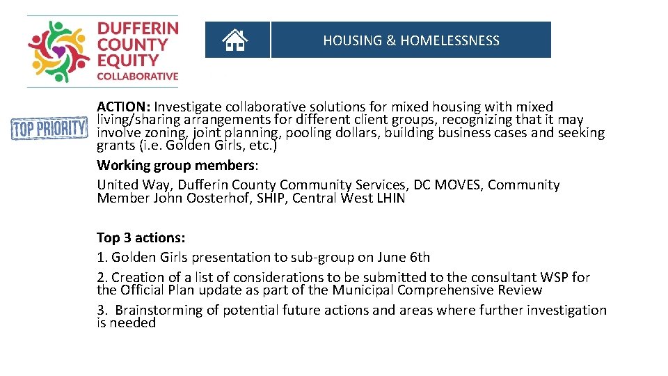 HOUSING & HOMELESSNESS ACTION: Investigate collaborative solutions for mixed housing with mixed living/sharing arrangements