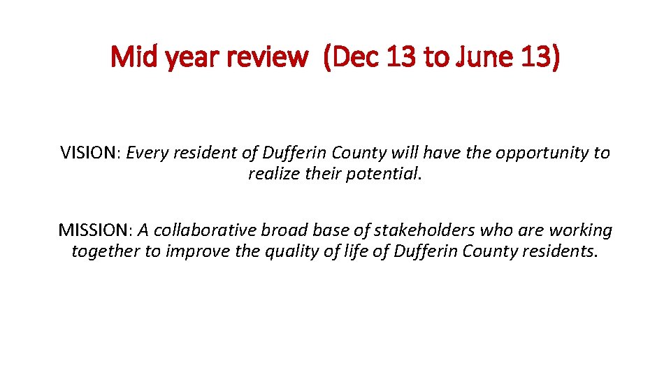 Mid year review (Dec 13 to June 13) VISION: Every resident of Dufferin County