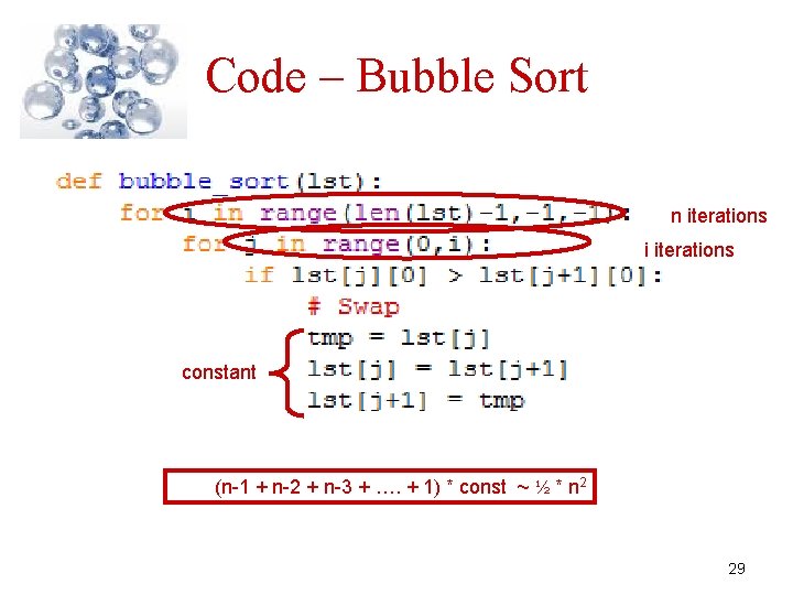 Code – Bubble Sort n iterations i iterations constant (n-1 + n-2 + n-3