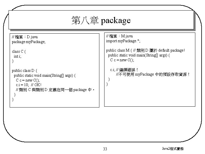 第八章 package // 檔案：D. java package my. Package; // 檔案：M. java import my. Package.