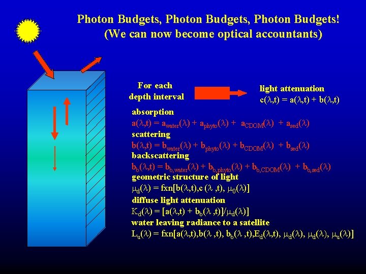 Photon Budgets, Photon Budgets! (We can now become optical accountants) For each depth interval Photon Budgets, Photon Budgets! (We can now become optical accountants) For each depth interval