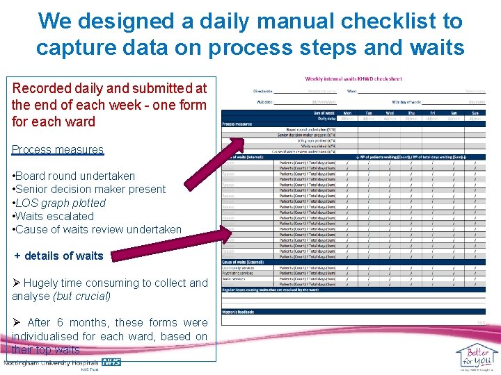 We designed a daily manual checklist to capture data on process steps and waits