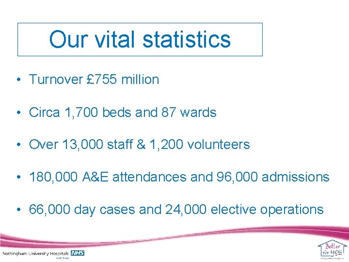 Our vital statistics • Turnover £ 755 million • Circa 1, 700 beds and