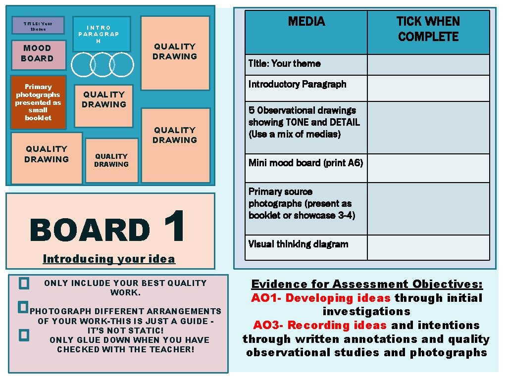 TITLE: Your theme MOOD BOARD Primary photographs presented as small booklet QUALITY DRAWING INTRO