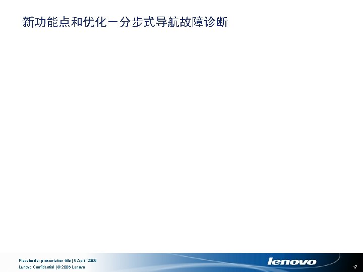新功能点和优化－分步式导航故障诊断 Placeholder-presentation title | 6 April, 2006 Lenovo Confidential | © 2006 Lenovo 17