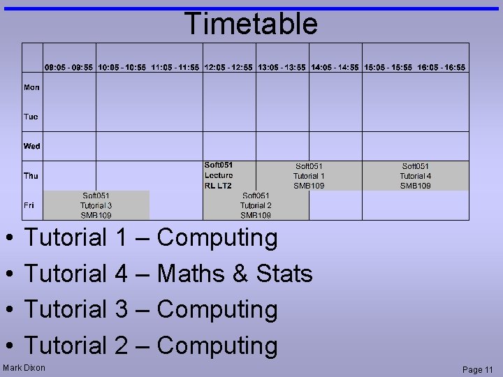 Timetable • • Tutorial 1 – Computing Tutorial 4 – Maths & Stats Tutorial