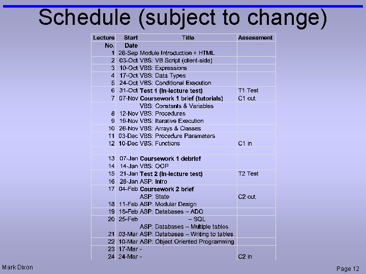 Schedule (subject to change) Mark Dixon Page 12 