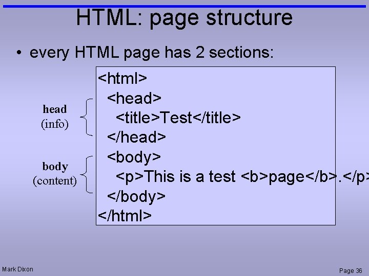 HTML: page structure • every HTML page has 2 sections: head (info) body (content)