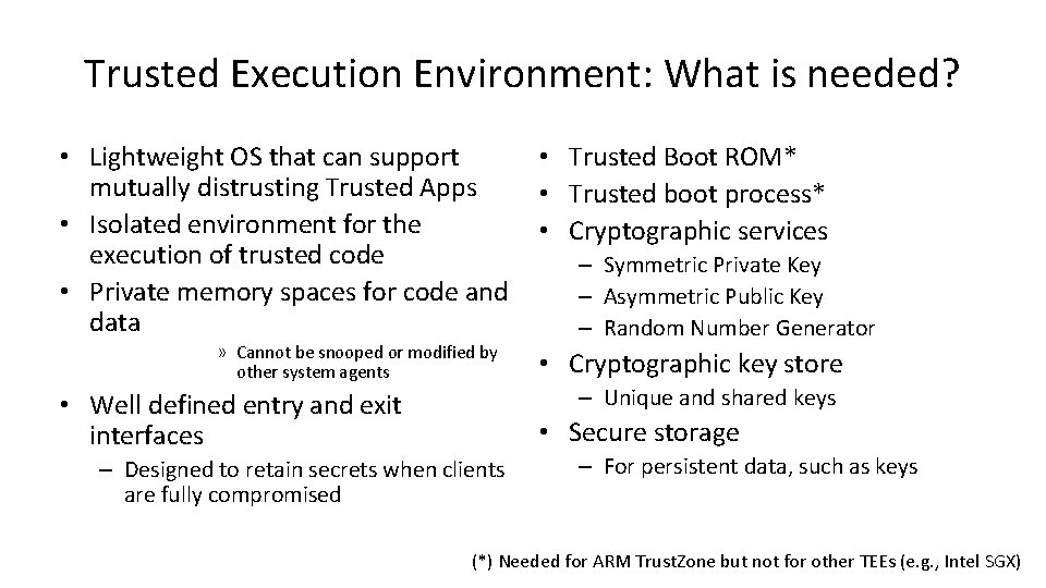 Trusted Execution Environment: What is needed? • Lightweight OS that can support mutually distrusting