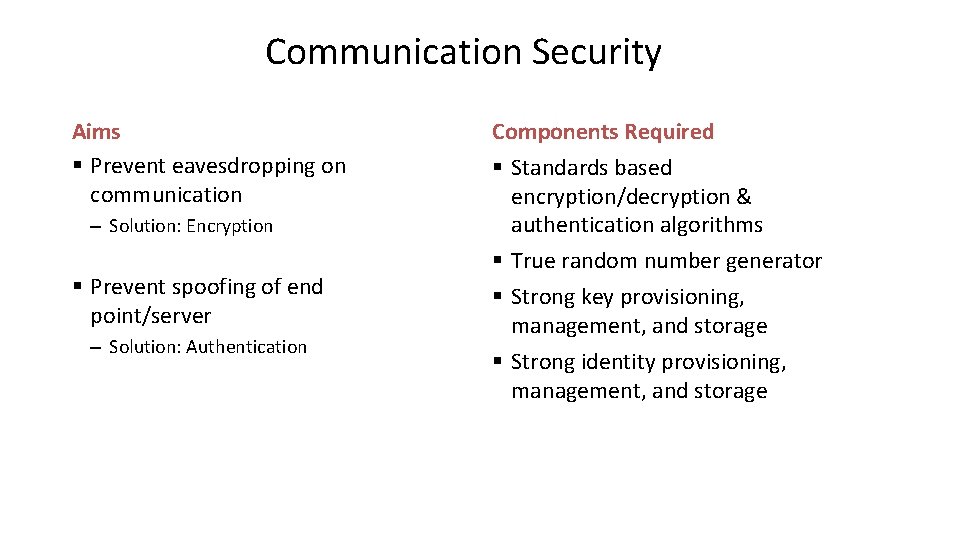 Communication Security Aims § Prevent eavesdropping on communication – Solution: Encryption § Prevent spoofing