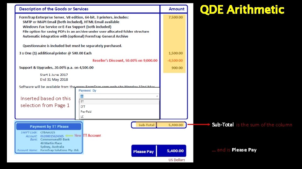 QDE Arithmetic Inserted based on this selection from Page 1 Sub-Total is the sum