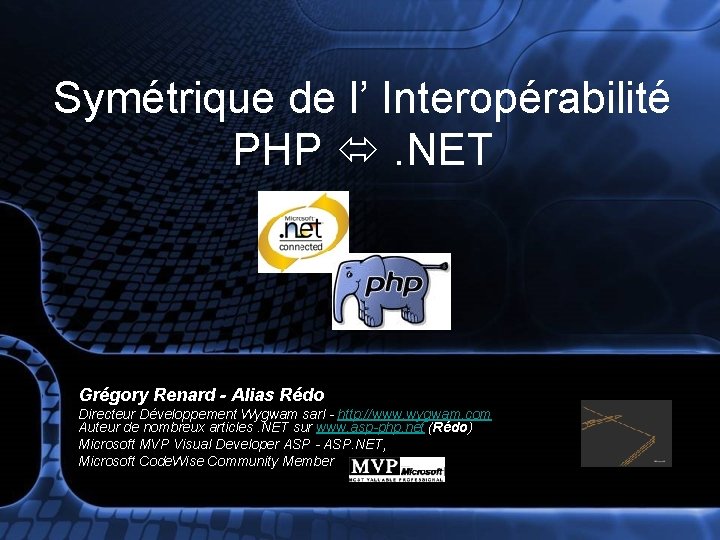 Symétrique de l’ Interopérabilité PHP . NET Grégory Renard - Alias Rédo Directeur Développement
