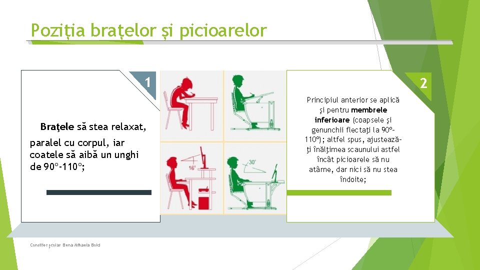 Poziția brațelor și picioarelor 1 Braţele să stea relaxat, paralel cu corpul, iar coatele