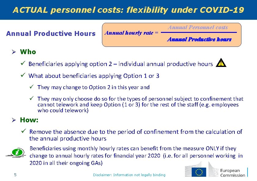 ACTUAL personnel costs: flexibility under COVID-19 Annual Productive Hours Annual hourly rate = Annual