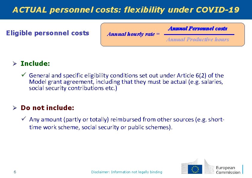 ACTUAL personnel costs: flexibility under COVID-19 Eligible personnel costs Annual hourly rate = Annual