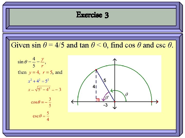 Exercise 3 Given sin θ = 4/5 and tan θ < 0, find cos