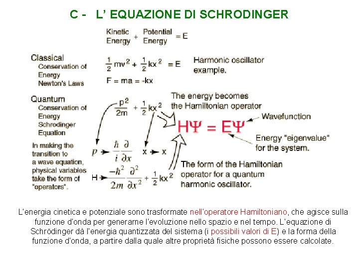 C - L’ EQUAZIONE DI SCHRODINGER L’energia cinetica e potenziale sono trasformate nell’operatore Hamiltoniano,