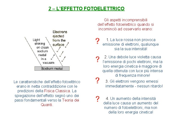 2 – L’EFFETTO FOTOELETTRICO Gli aspetti incomprensibili dell’effetto fotoelettrico quando si incominciò ad osservarlo