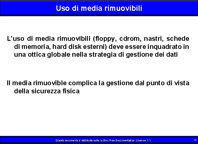 Uso di media rimuovibili L’uso di media rimuovibili (floppy, cdrom, nastri, schede di memoria,
