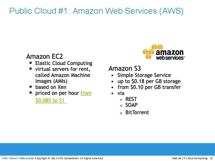 Public Cloud #1: Amazon Web Services (AWS) EMC Proven Professional. Copyright © 2012 EMC