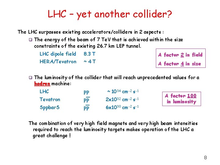 LHC – yet another collider? The LHC surpasses existing accelerators/colliders in 2 aspects :