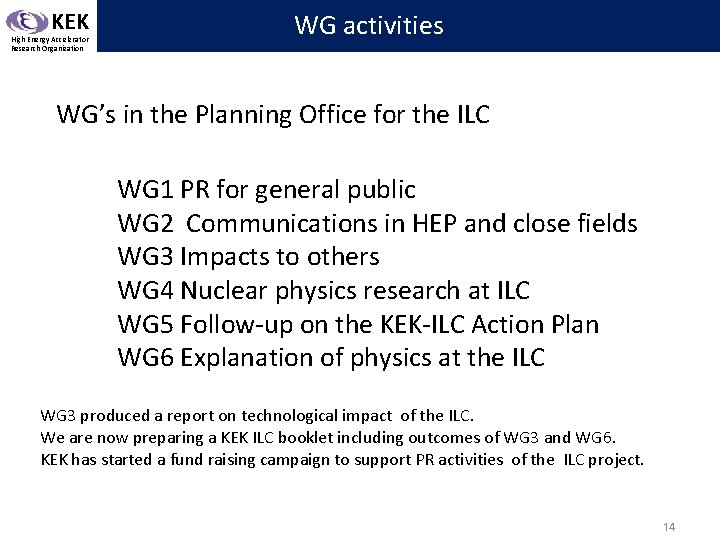 KEK High Energy Accelerator Research Organization WG activities WG’s in the Planning Office for