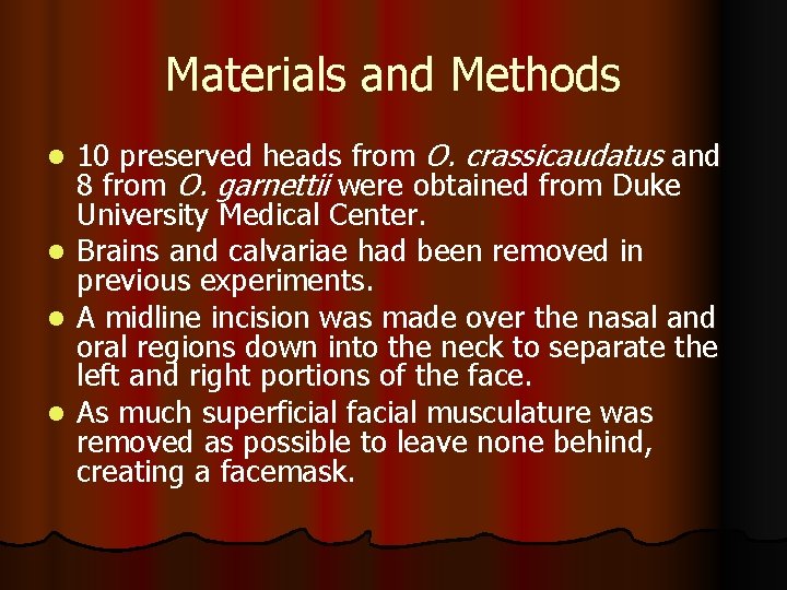 Materials and Methods l l 10 preserved heads from O. crassicaudatus and 8 from