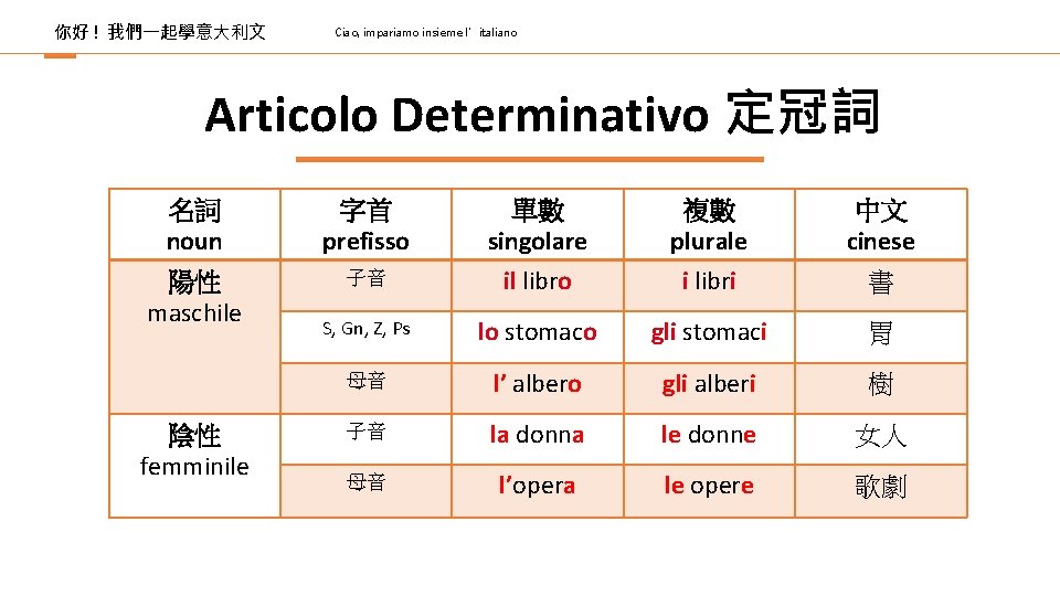 你好 ! 我們一起學意大利文 Ciao, impariamo insieme l’italiano Articolo Determinativo 定冠詞 名詞 noun 字首 prefisso