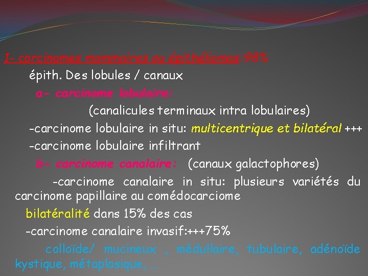 1 - carcinomes mammaires ou épithéliomas: 98% épith. Des lobules / canaux a- carcinome