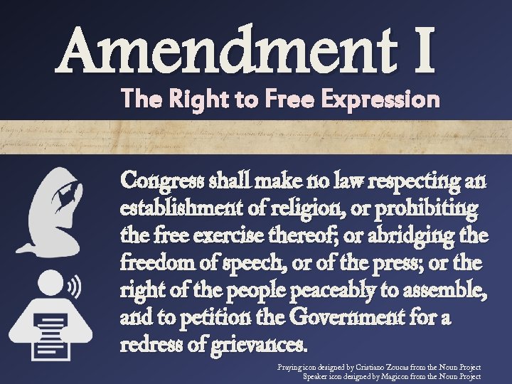 Amendment I The Right to Free Expression Congress shall make no law respecting an