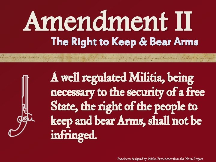 Amendment II The Right to Keep & Bear Arms A well regulated Militia, being