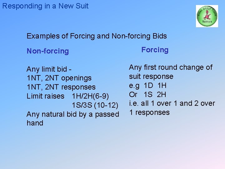 Responding in a New Suit Examples of Forcing and Non-forcing Bids Non-forcing Any limit