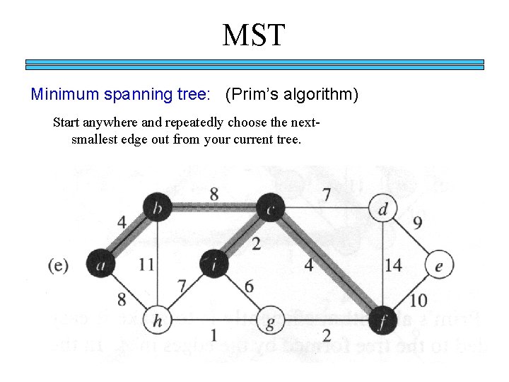 MST Minimum spanning tree: (Prim’s algorithm) Start anywhere and repeatedly choose the nextsmallest edge