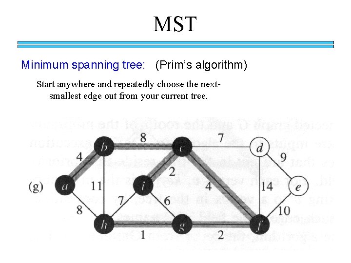 MST Minimum spanning tree: (Prim’s algorithm) Start anywhere and repeatedly choose the nextsmallest edge