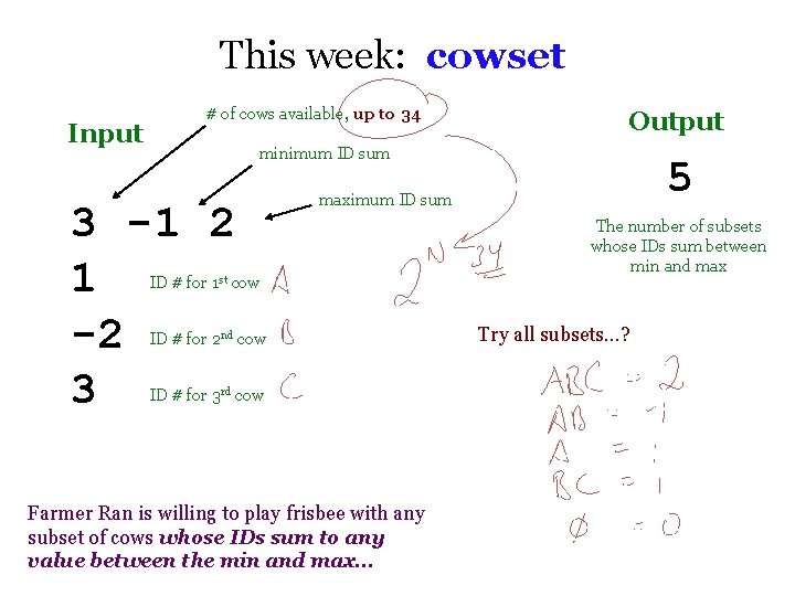 This week: cowset Input # of cows available, up to 34 Output minimum ID