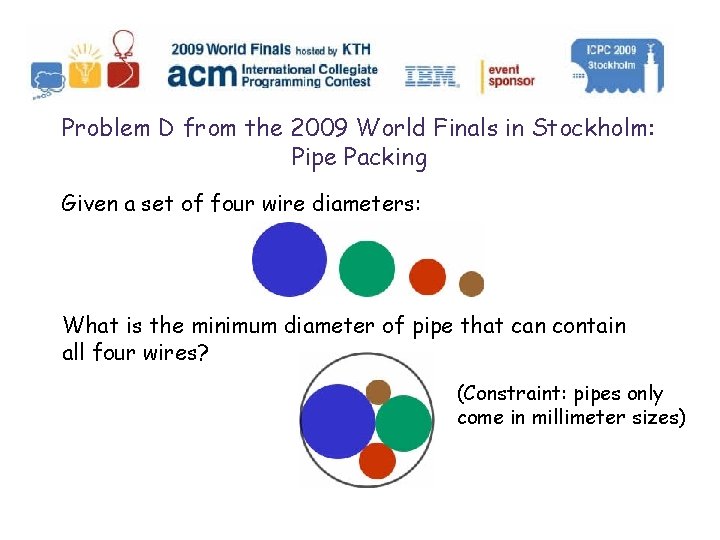 Problem D from the 2009 World Finals in Stockholm: Pipe Packing Given a set