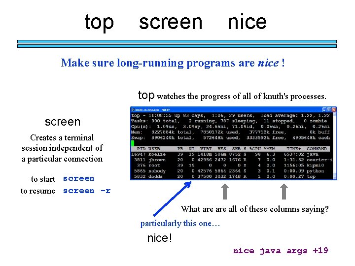 top screen nice Make sure long-running programs are nice ! top watches the progress