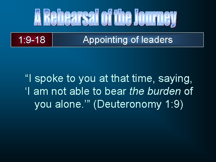 1: 9 -18 Appointing of leaders “I spoke to you at that time, saying,