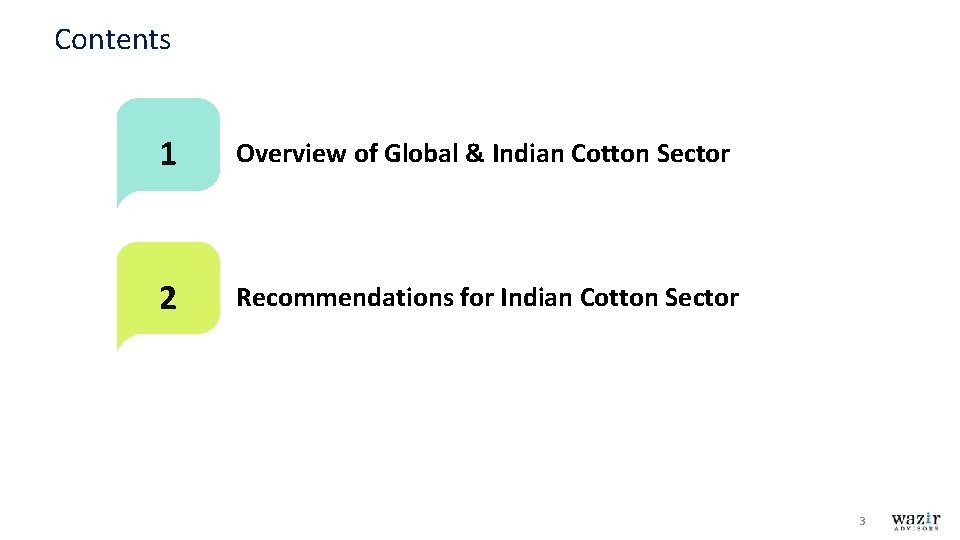 Contents 1 Overview of Global & Indian Cotton Sector 2 Recommendations for Indian Cotton