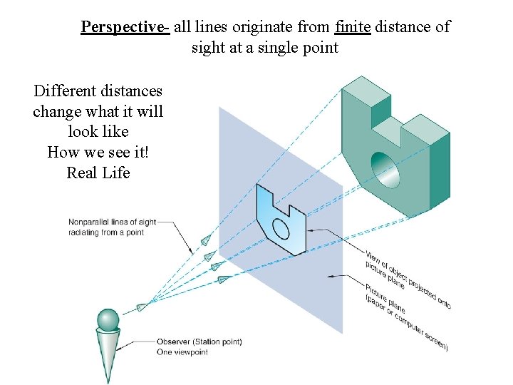 Perspective- all lines originate from finite distance of sight at a single point Different