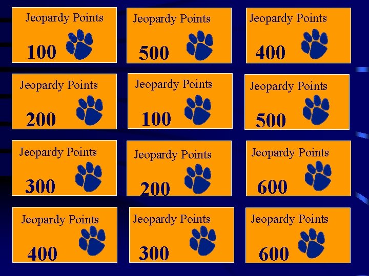 Jeopardy Points 100 Jeopardy Points 200 Jeopardy Points 300 Jeopardy Points 400 Jeopardy Points