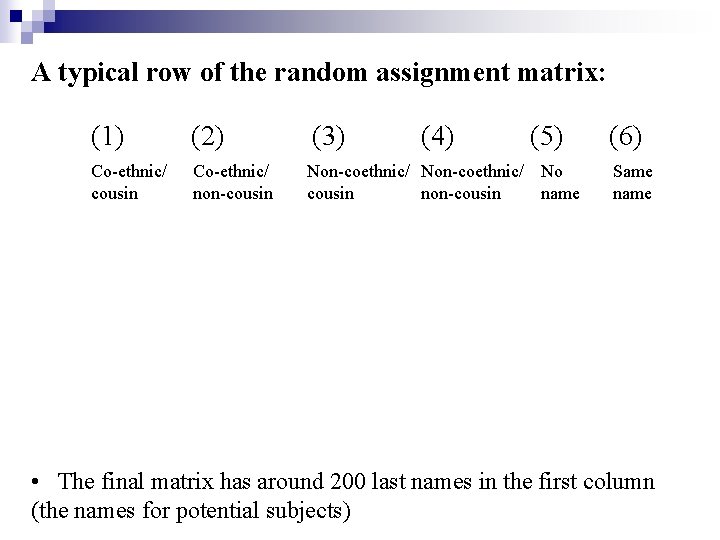 A typical row of the random assignment matrix: (1) (2) (3) (4) (5) Co-ethnic/ A typical row of the random assignment matrix: (1) (2) (3) (4) (5) Co-ethnic/
